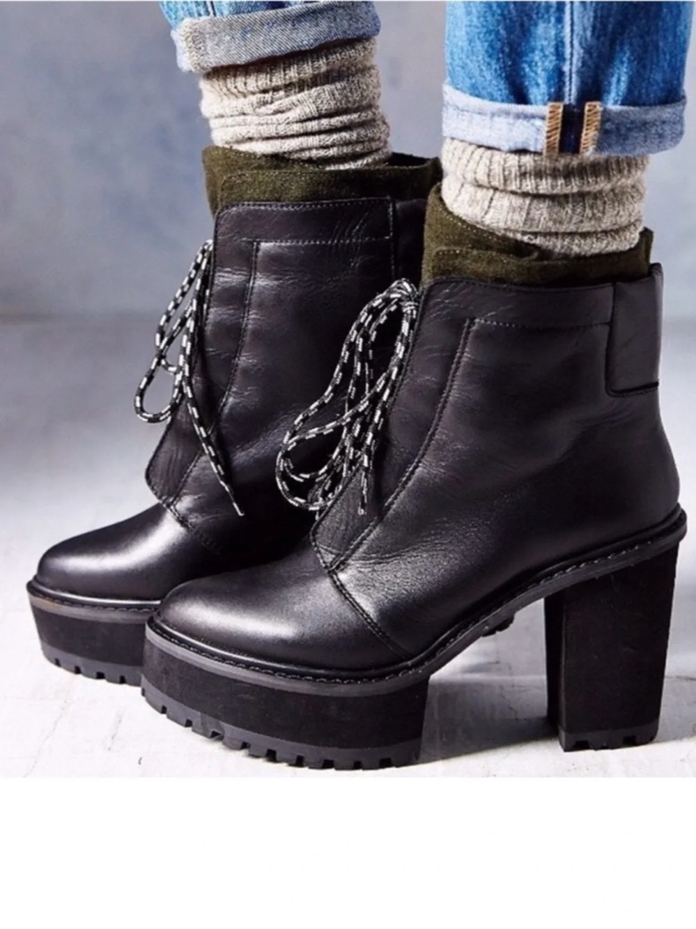 Shellys London Celee Leather Platform Lug Heel Boots Black Olive 6.5